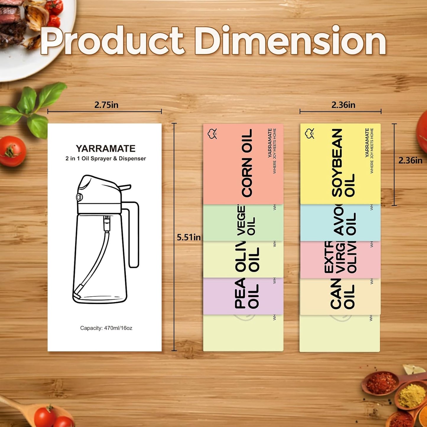 YARRAMATE Glass Olive Oil Sprayer - 16oz with 10 Color Labels for Easy Identification