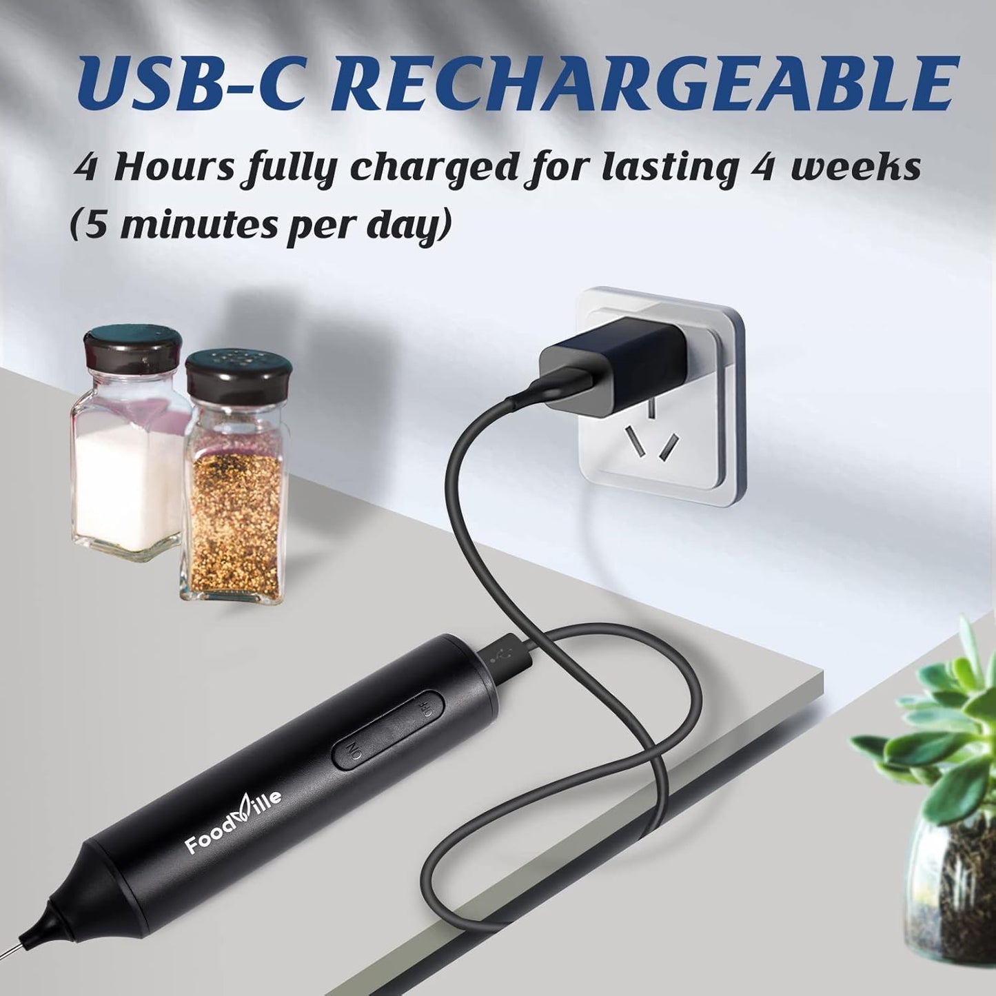 MF05 Rechargeable Milk Frother - USB Handheld Foam Maker with Stainless Whisk for Cappuccino & Latte (Black)