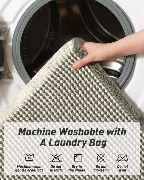 AMOAMI Upgraded Waffle Runner Rug Super Absorbent Non Slip Bath Mats for Bathroom Machine Washable Bathroom Runner Rug with Tassels, Ideal for Hallway Bedroom Laundry Room, 2' x 5', Green & Cream