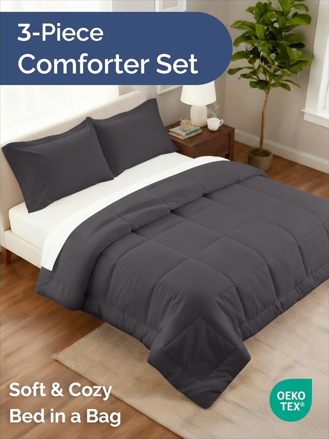 Queen Comforter Set - 3-Piece Soft Quilted Bed Set with Pillow Shams - Comfy & Breathable Dark Grey