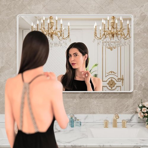 LOAAO Bathroom Mirror - 40x30 Inch White Metal Framed Large Rounded Rectangle | Anti-Rust Tempered Glass