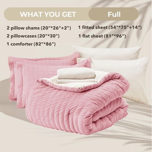 HYMOKEGE Full Size Comforter Set - Luxury 7-Piece Seersucker Bedding in Pink/Ivory for All Seasons