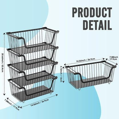 GAOKASE Stackable Wire Baskets - Versatile Kitchen Storage for Fruits & Vegetables | Black, 4 Pcs