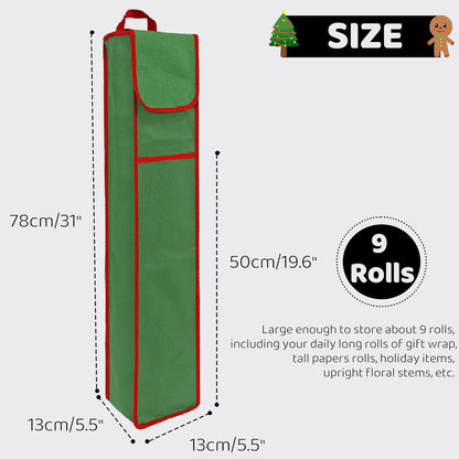 OUTTDID Wrapping Paper Storage Bag - Gift Organizer for 9 Standard Rolls | Green with Pocket for Crafts