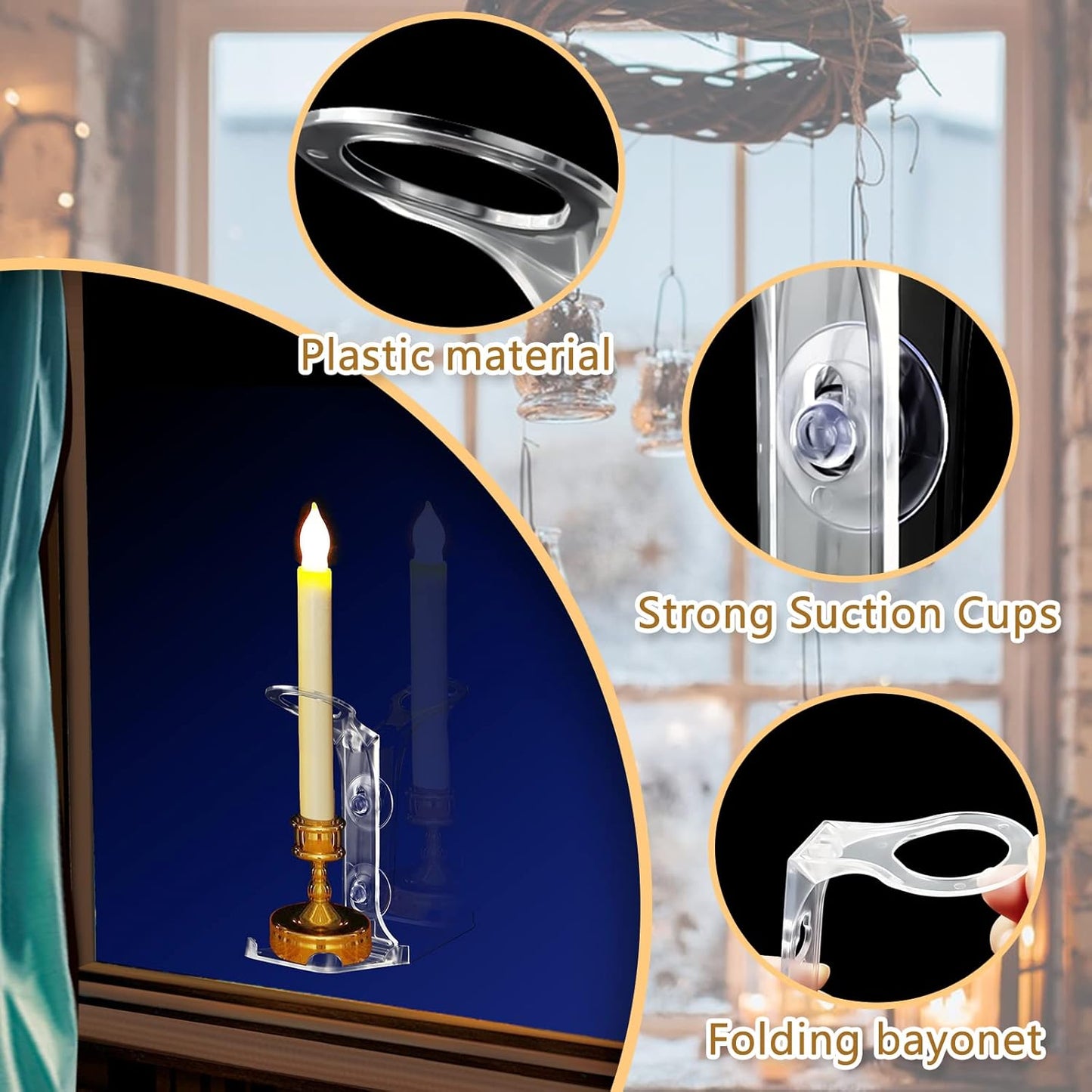 Skiennix Electric Window Candle Holders - 8 Pcs Clear Plastic with Strong Suction Cups for LED Candles