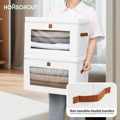 Homsorout Large Clothing Storage Bins - Collapsible Organizer Boxes with Handles & Lids | 2 Pack, White