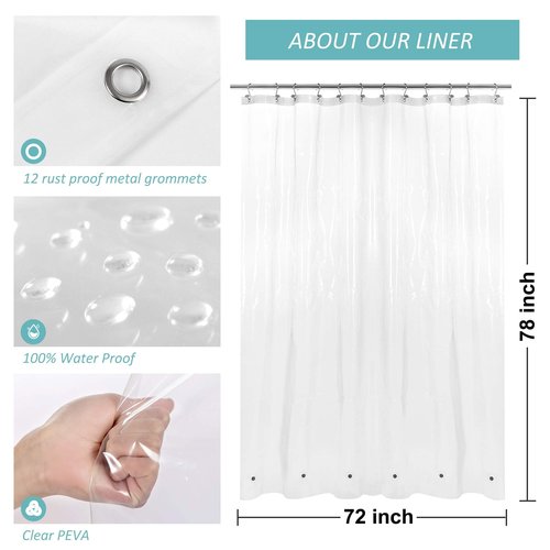 Mrs Awesome Long Shower Curtain Liner with 6 Magnets 72 x 78 inch, PEVA 8G Thick & Heavy Duty Plastic Shower Curtain for Bathroom, Waterproof,72x78, Clear