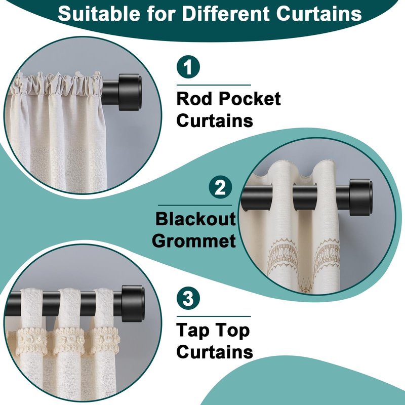 Treije Curtain Rods 18-60 Inch, 1" Heavy Duty Adjustable Curtain Rod for Windows, Black Window Treatment Rod, Modern Design, Easy Installation