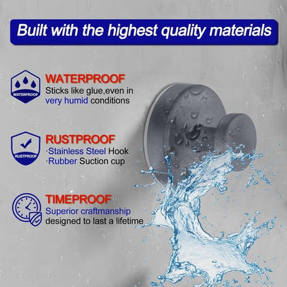 Bntuk Suction Cup Hooks - Removable Towel Hooks for Shower & Bathroom | 4 Pack, Grey