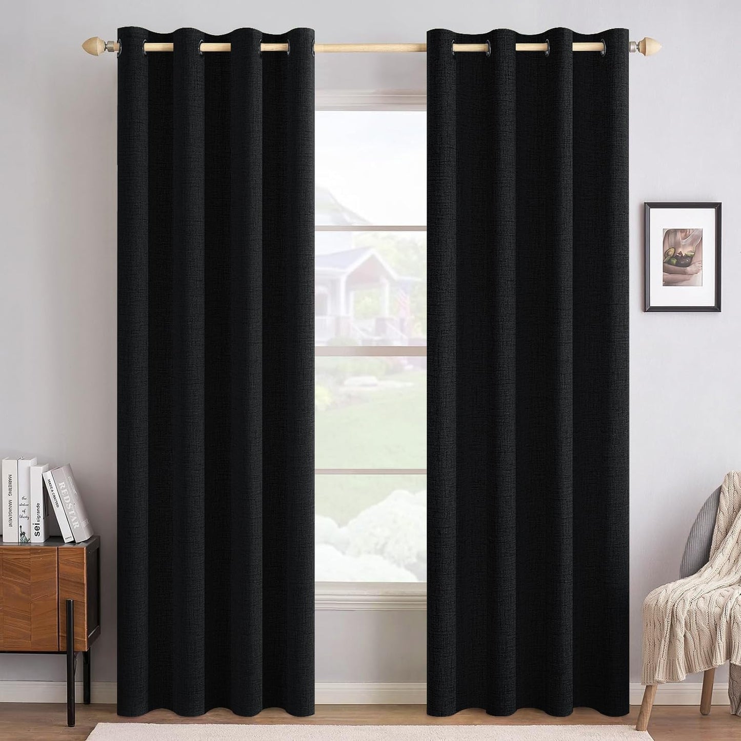 MIULEE 90-Inch Linen Texture Blackout Curtains - Thermal Insulated Grommet Drapes | 52x90 Inch (2 Panels)