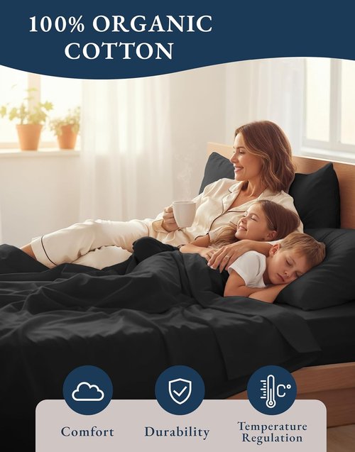 Lane Linen 100% Organic Cotton California King Sheets Set - Ultra Soft Percale Weave, Fits Mattresses Up to 15" Deep | Black
