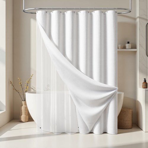 Dynamene Stall Shower Curtain and Liner Set - 54 inch Wide Waffle Fabric, Waterproof Clear Liner, Heavy Duty Weighted Hotel Luxury Cloth Shower Curtains for Bathroom with 10 Hooks, 54x72, White