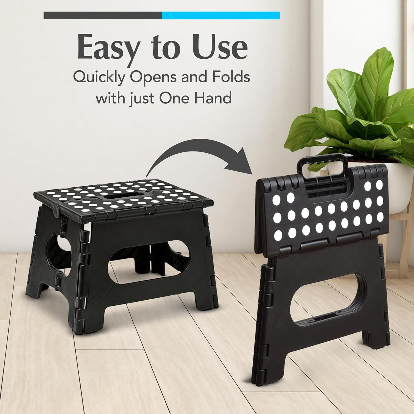 Skiennix Handy Laundry Folding Step Stool - Sturdy Collapsible Design for Adults & Kids | Easy One-Flip Operation - Black - 9 Inch
