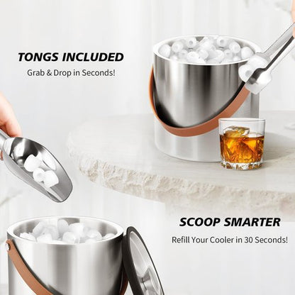 Double-Wall Vacuum Insulated Ice Bucket with Lid, Scoop, Ice Tong, Strainer & Leather Handle Keep Ice Frozen Longer Large Wine Ice Buckets for Cocktail Bar,Parties Chilling Beer Champagne 3L