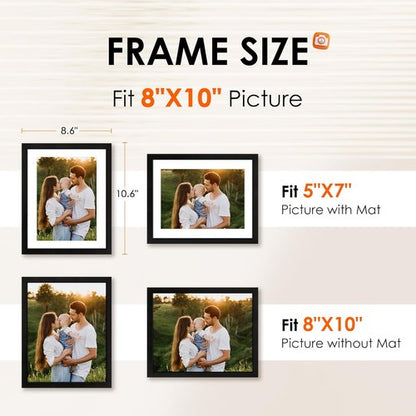 FIXSMITH 8x10 Picture Frame - HD Plexiglass for 5x7 Photos with Mat or 8x10 Without Mat - Black