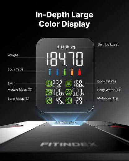 FITINDEX Smart Scale with BMI, Body Fat, Muscle Mass, Scale for Body Weight and Fat Percentage, High Accurate Bluetooth Scale with Large Display, 13 Body Composition Analyzer Sync APP, 500lbs, 11.8"