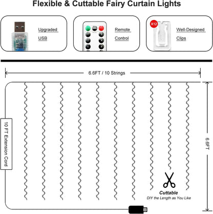 Skiennix 200 LED Fairy Curtain Lights - 6.6 x 6.6 FT Warm White USB Plug with Remote | 8 Modes for Christmas & Events