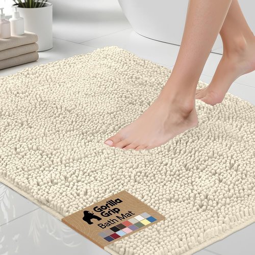 GORILLA GRIP Bath Rug Mat - Thick Soft Absorbent Chenille | Quick Dry Microfiber, 24x17, Ivory