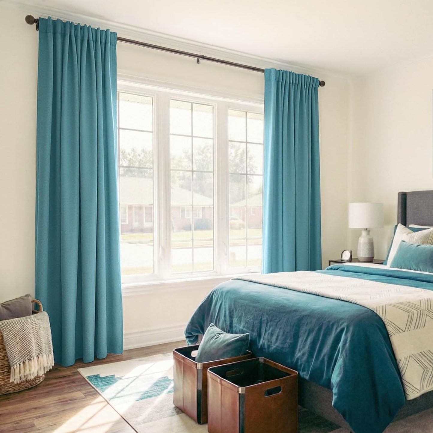 Skiennix 100% Blackout Linen Curtains - Thermal Insulated Drapes, 50" W x 108" L, Dark Cyan - 2 Panels Set