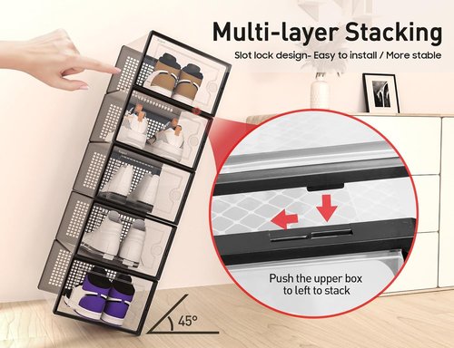 Kuject X-Large Clear Plastic Shoe Storage Boxes - Stackable 12-Pack for Sneakers & Toy Organization | Black