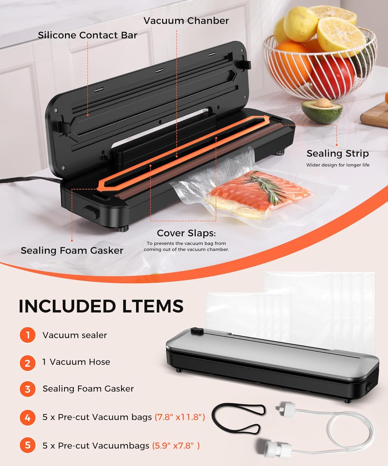 Vacuum Sealer Machine - 75KPa Food Preservation with 6-in-1 Modes & Digital Timer | Compact Design + 10 Bags (Black/Silver)