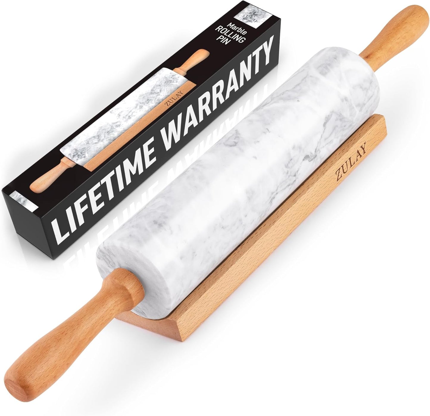 Zulay Kitchen 17-Inch Marble Rolling Pin With Stand - Non-Stick Polished Marble Roller For Baking Pastries, Bread & Pizza