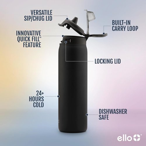 Ello Pop & Fill Insulated Stainless Steel Water Bottle - Quick Fill Lid, Leakproof Design | 22oz, 32oz, 40oz