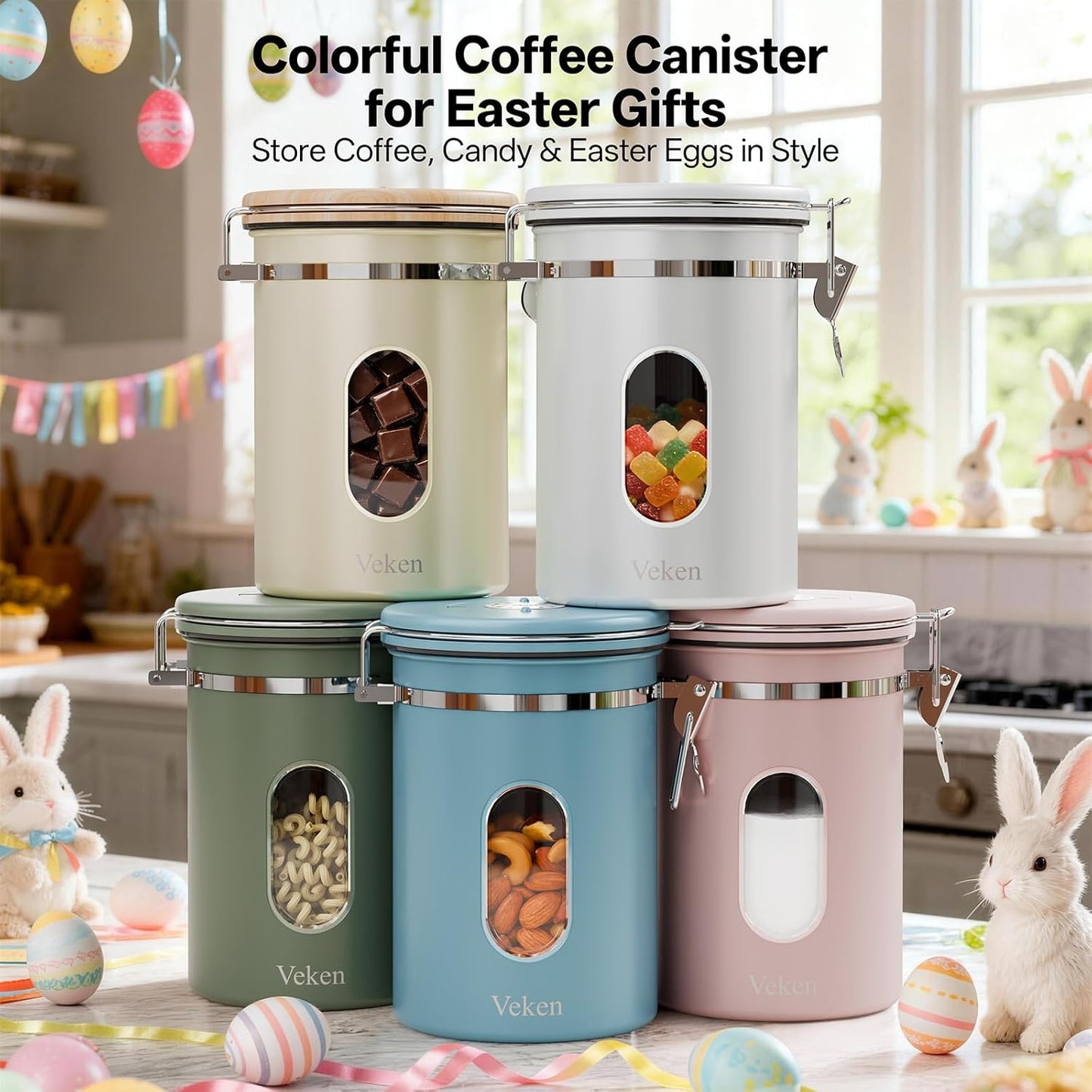 Veken Coffee Canister - Airtight Stainless Steel Container with Window | 22oz Pink for Grounds, Beans & Tea