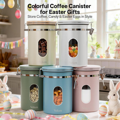 Veken Coffee Canister - Airtight Stainless Steel Container with Window | 22oz White for Grounds, Beans, Tea, and More