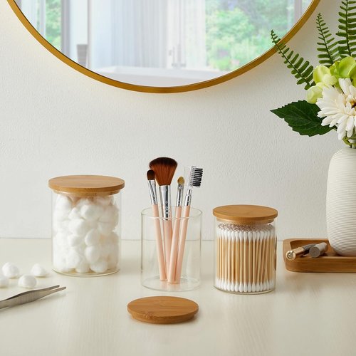 INIUNIK Qtip Holder Set - 3 Pack Glass Apothecary Jars with Lids for Bathroom Organization | Cotton Balls, Swabs & More