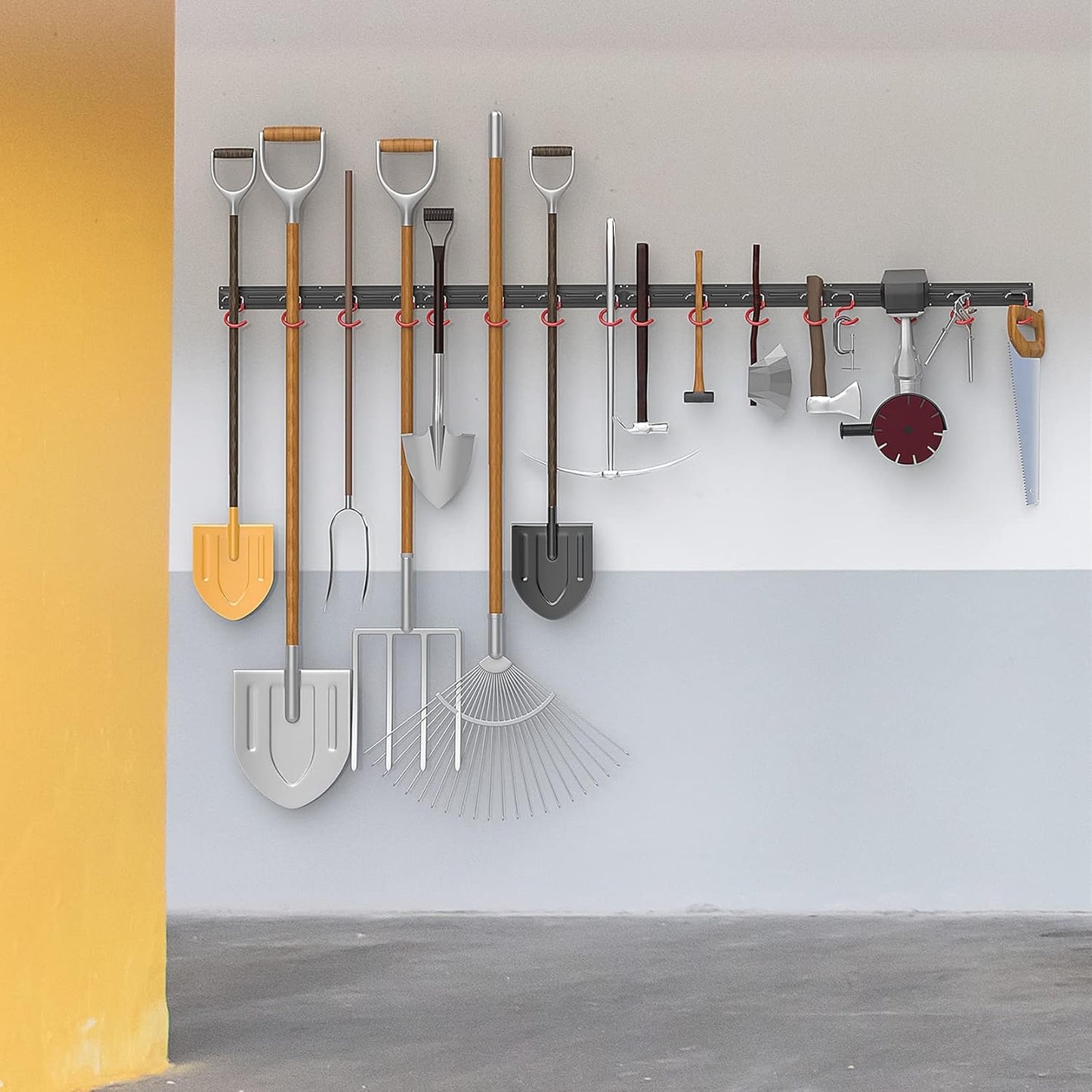 WALMANN 64-Inch All Metal Wall Mount Garden Tool Organizer - Durable Storage Rack with 4 Rails & 16 Hooks