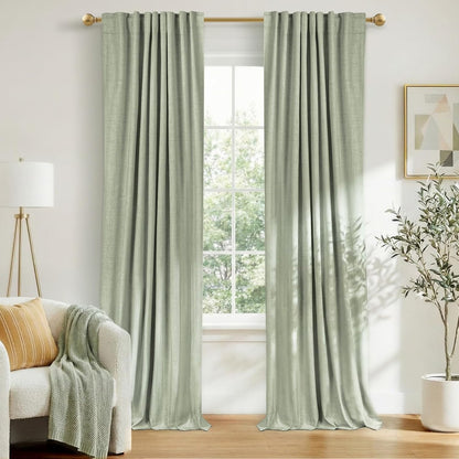 Skiennix 100% Blackout Linen Curtains - Thermal Insulated Drapes, 50" W x 96" L, Sage Green - 2 Panels Set