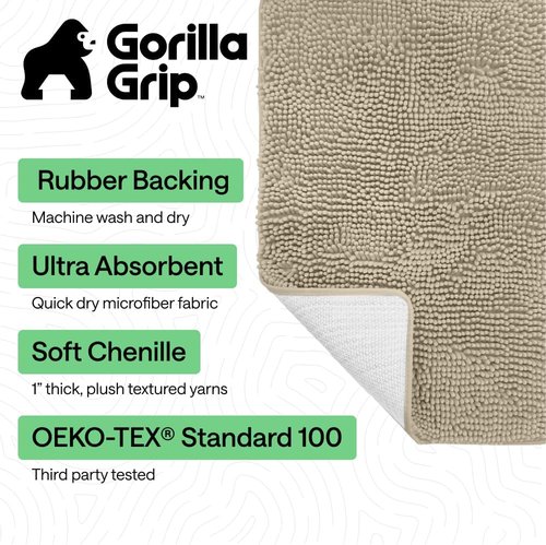 GORILLA GRIP Bath Rug Mat - Thick Soft Absorbent Chenille | Quick-Dry Microfiber, 24x17, Sand Color