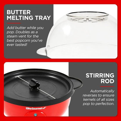 Elite Gourmet Automatic Stirring Popcorn Maker - 12-Cup Nonstick Ceramic Design, Red