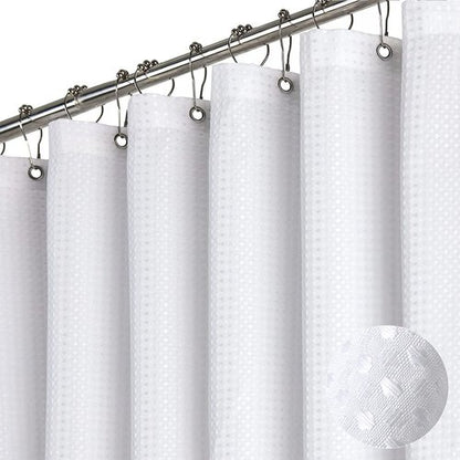 Dynamene Long White Fabric Shower Curtain - Waffle Textured Tall Heavy Duty Cloth Shower Curtains for Bathroom, 256GSM Large Hotel Spa Luxury Bath Curtain Set with 12 Plastic Hooks(72Wx78H, White)