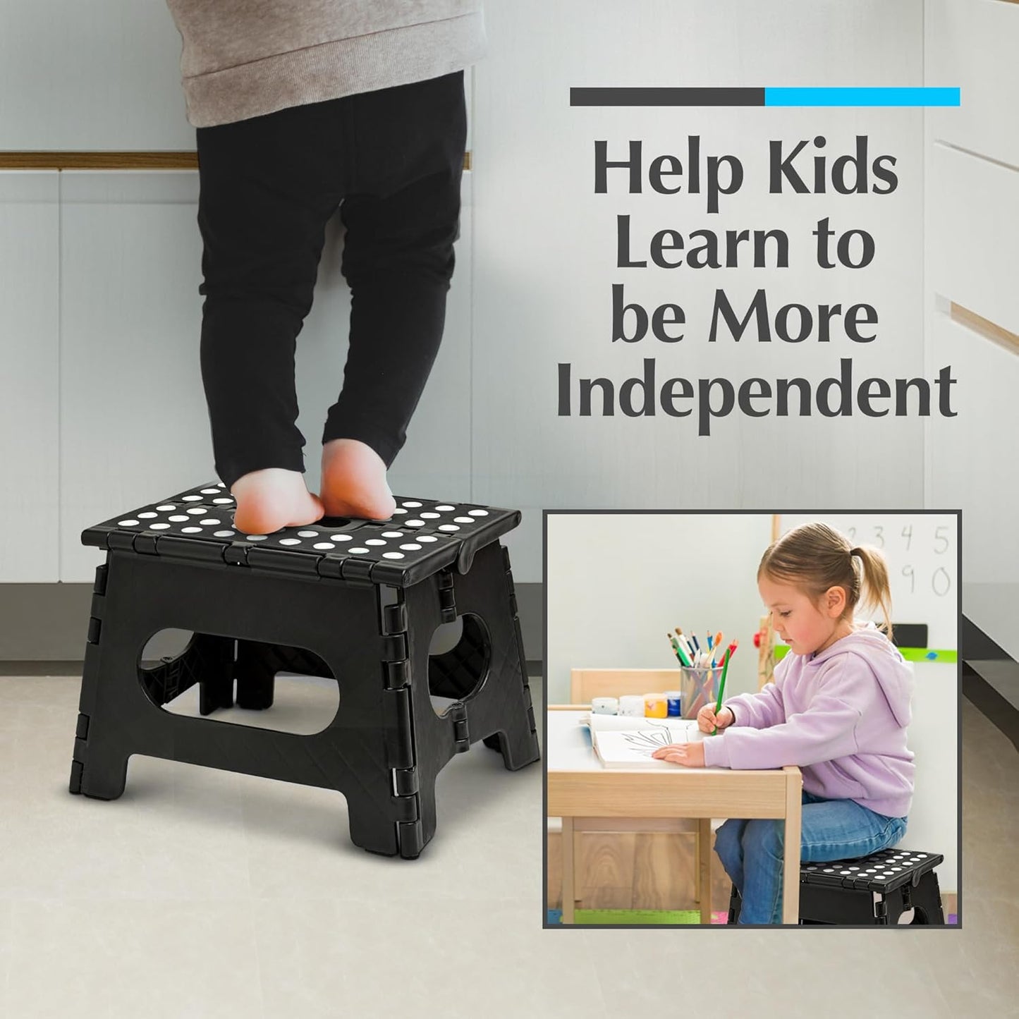 Skiennix Handy Laundry Folding Step Stool - Sturdy Collapsible Design for Adults & Kids | Easy One-Flip Operation - Black - 9 Inch