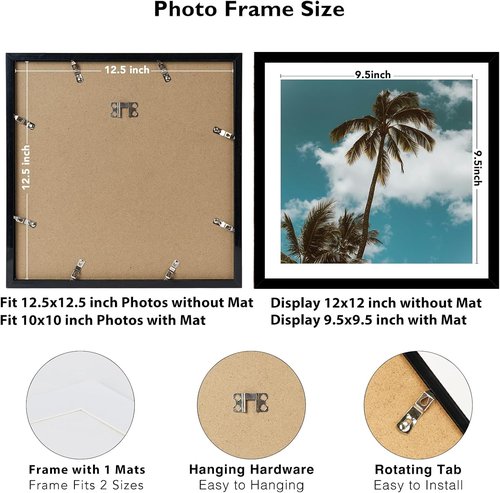 JCJMY Vinyl Record Frame - 12.5x12.5 with 10x10 Mat for Album Covers | Black Wall Display