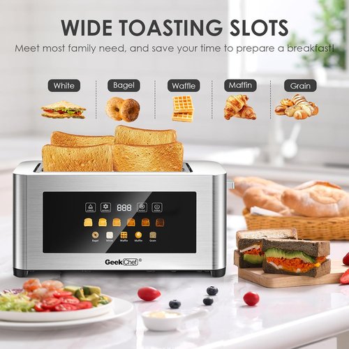 Geek Chef 4-Slice Long Slot Toaster - Touch Screen, Extra Wide Slots for Bagels & Waffles, Stainless Steel