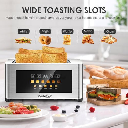 Geek Chef 4-Slice Long Slot Toaster - Touch Screen, Extra Wide Slots for Bagels & Waffles, Stainless Steel