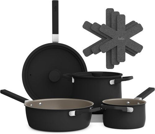 Bella 9-Piece Ceramic Nonstick Cookware Set - EverGood™ Coating, Dishwasher Safe, Black | Stackable Design