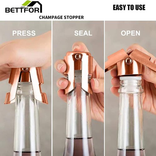 Champagne Stoppers with Stainless Steel Champagne Saver with Food Grade Silicone Leak proof Keep Fresh Suitable for Champagne, Cava, Prosecco and Sparkling(RoseGold, 6 Pack)