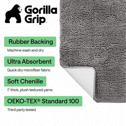 GORILLA GRIP Bath Rug Mat - Soft Absorbent Chenille | Quick Dry Microfiber, 42x24 Inches, Grey