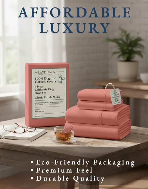 LANE LINEN 100% Organic Cotton California King Sheets Set, 4-Piece Pure Organic Cotton Long Staple Percale Weave Soft Best Bedding Sheets for Bed, Breathable, Fits Mattress Upto 15" Deep - Rose Dawn