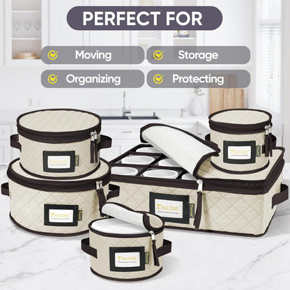 BALEINE Quilted Wine Glass Storage Containers - Sturdy Plate Organizer with Carry Handles | Soft Shell Cream