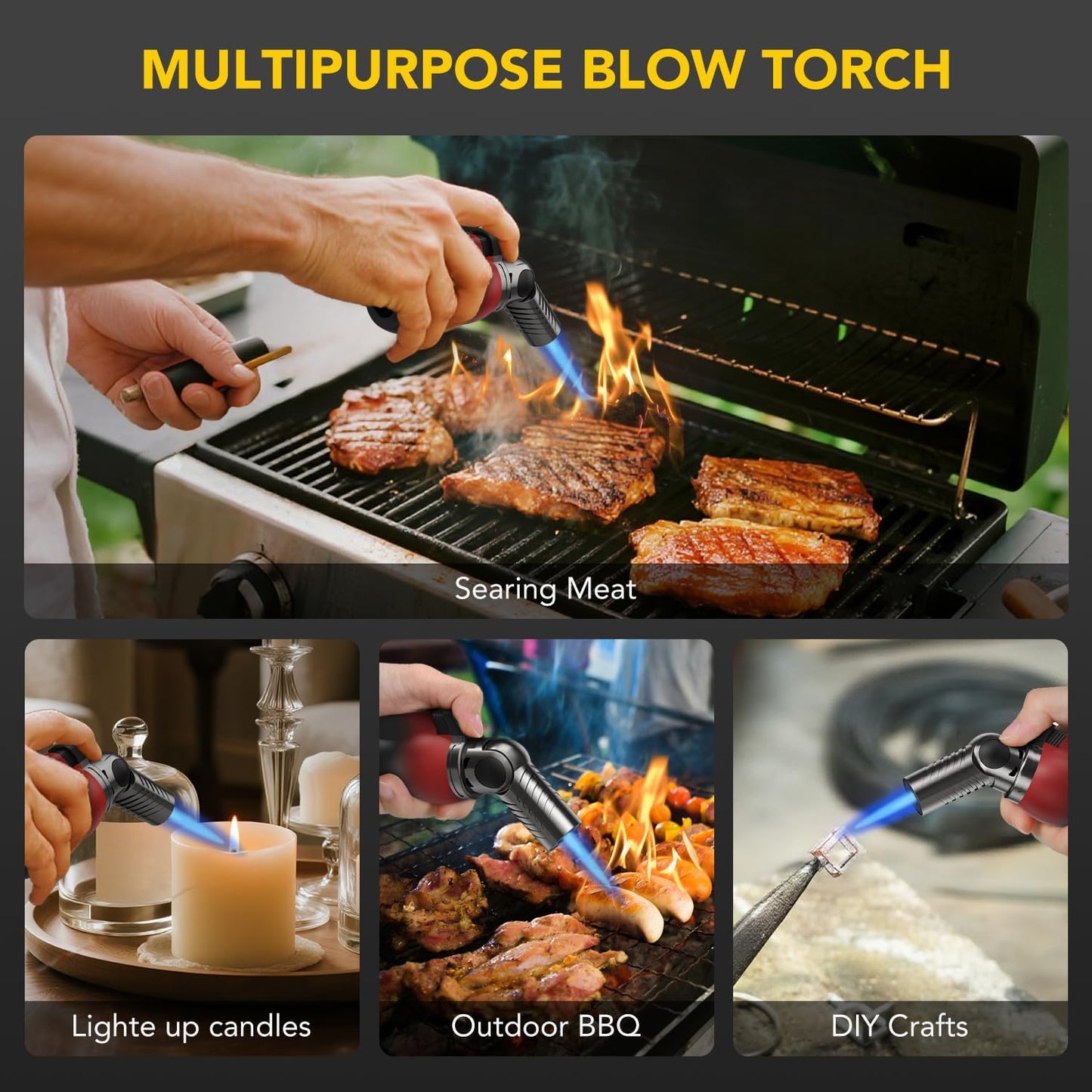TBTeek Torch Lighter - Portable Kitchen Torch with 45° Rotatable Head & Adjustable Flame | Red-Black
