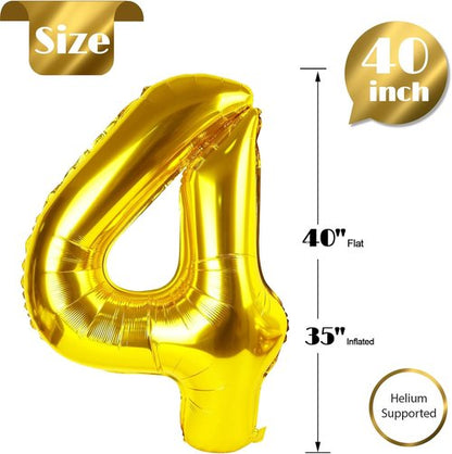 Gold Number 4 Balloon - 40 Inch Giant Foil Balloon for 4th Birthday Party Decorations