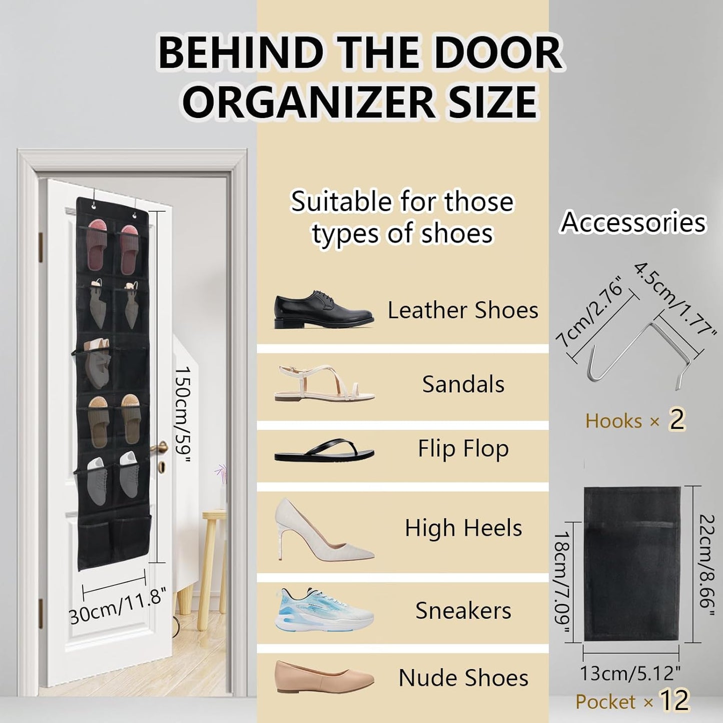 Over The Door Shoe Organizer - 12 Mesh Pockets for Easy Storage | Includes 4 Metal Hooks (Black)