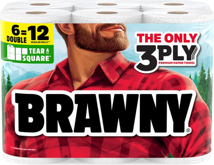 Brawny Tear-A-Square 3-Ply Paper Towels - Strong & Absorbent | 6 Double Rolls (12 Regular Rolls)