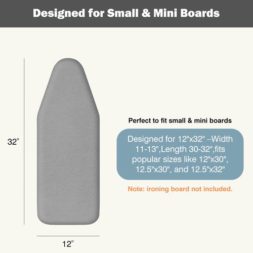 UniSimp Small Ironing Board Cover and Pad 12"x32" Small Iron Board Cover with Padding,Tabletop Mini Ironing Board Cover and Pad Small Size, Cotton Canvas, Heat Resistant, Drawstring Gray