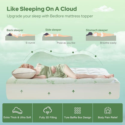 BEDLORE Twin Mattress Topper - Soft Bamboo Viscose Pillow Top for 6"-15" Mattresses | Breathable Comfort & Back Pain Relief